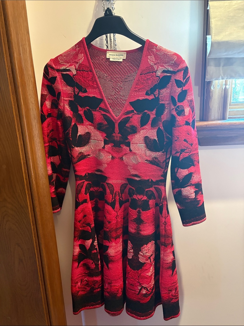 Alexander McQueen Red and Black Floral V-Neck Long Sleeve Dress